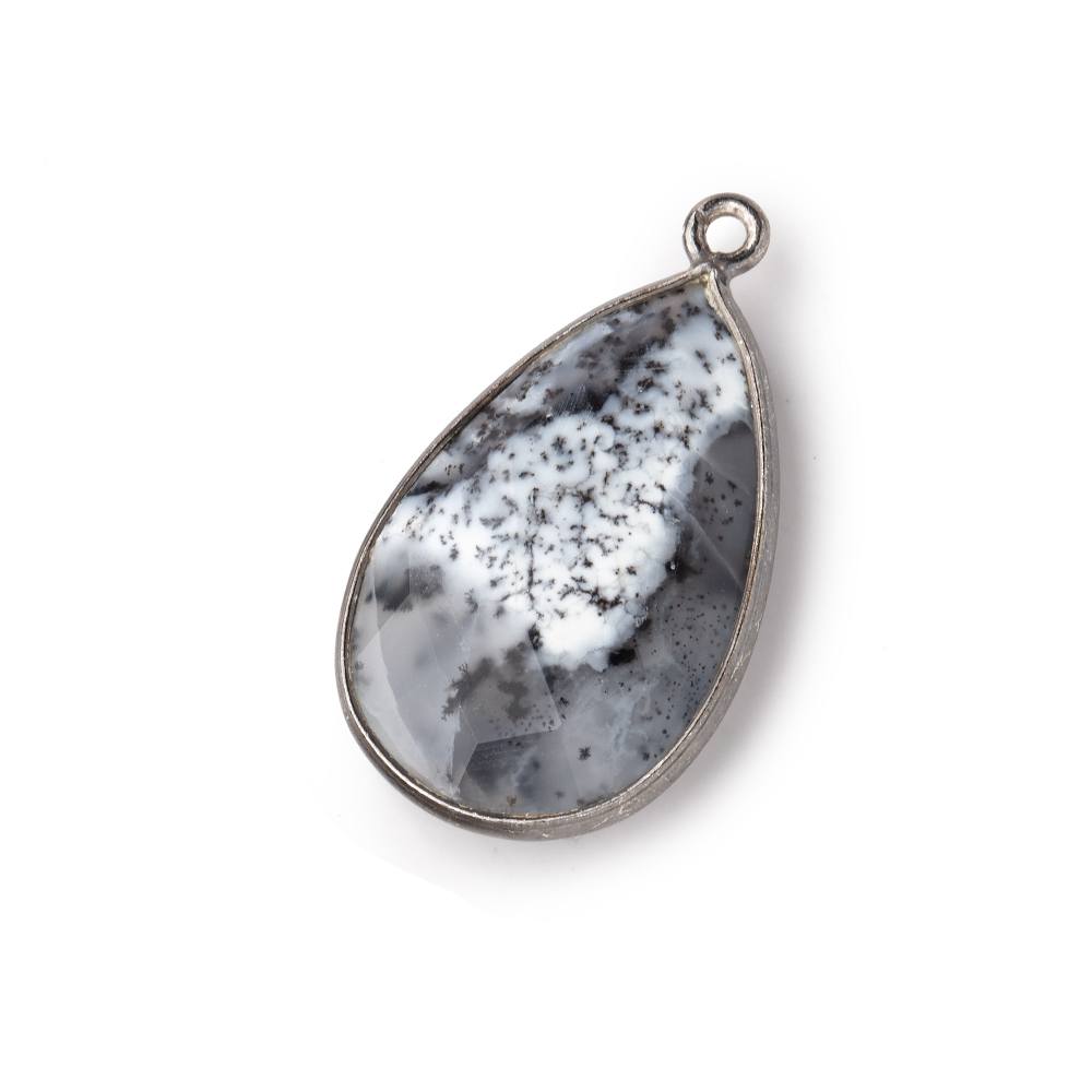 26x17mm Black Gold Bezeled Dendritic Opal Faceted Pear Focal Bead Pendant 1 piece