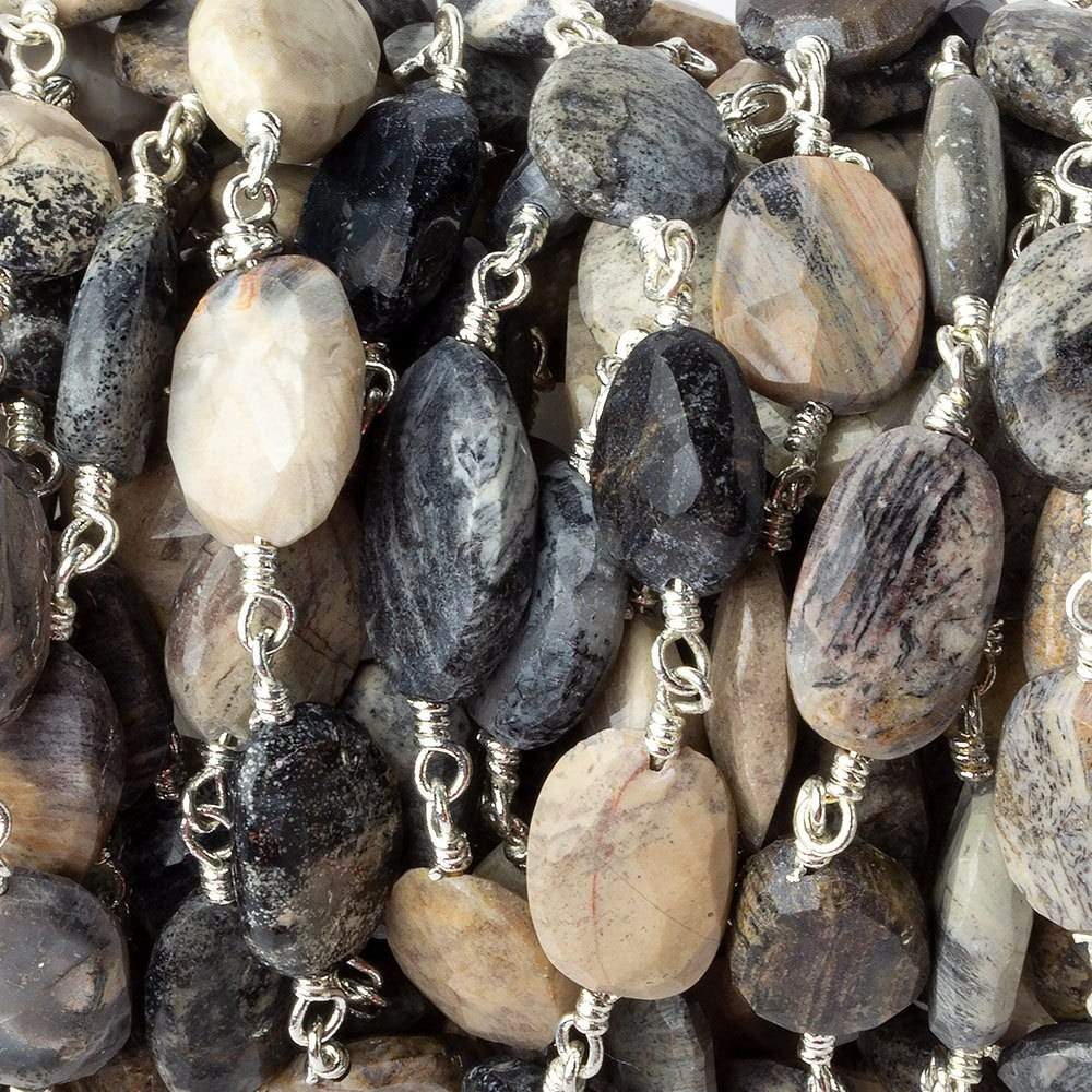 10x8-12x9mm Silver-Leaf Jasper faceted nugget Silver plated Chain by the foot 17 pcs