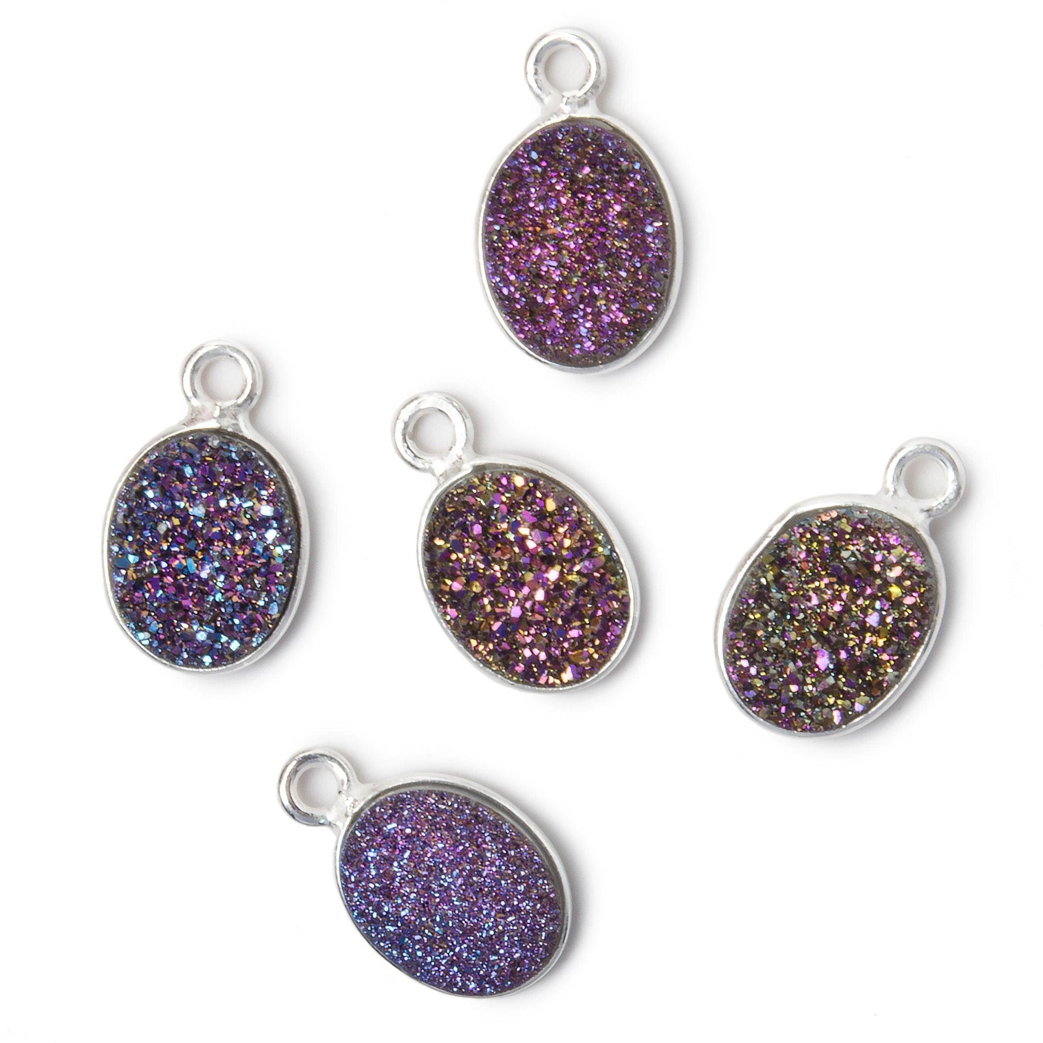 10x8mm Silver .925 Bezel Mystic Peacock Drusy Oval Pendant 1 piece