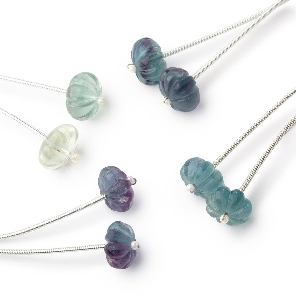 11-11.5mm Fluorite Carved Melon Focals Set of 2 Beads
