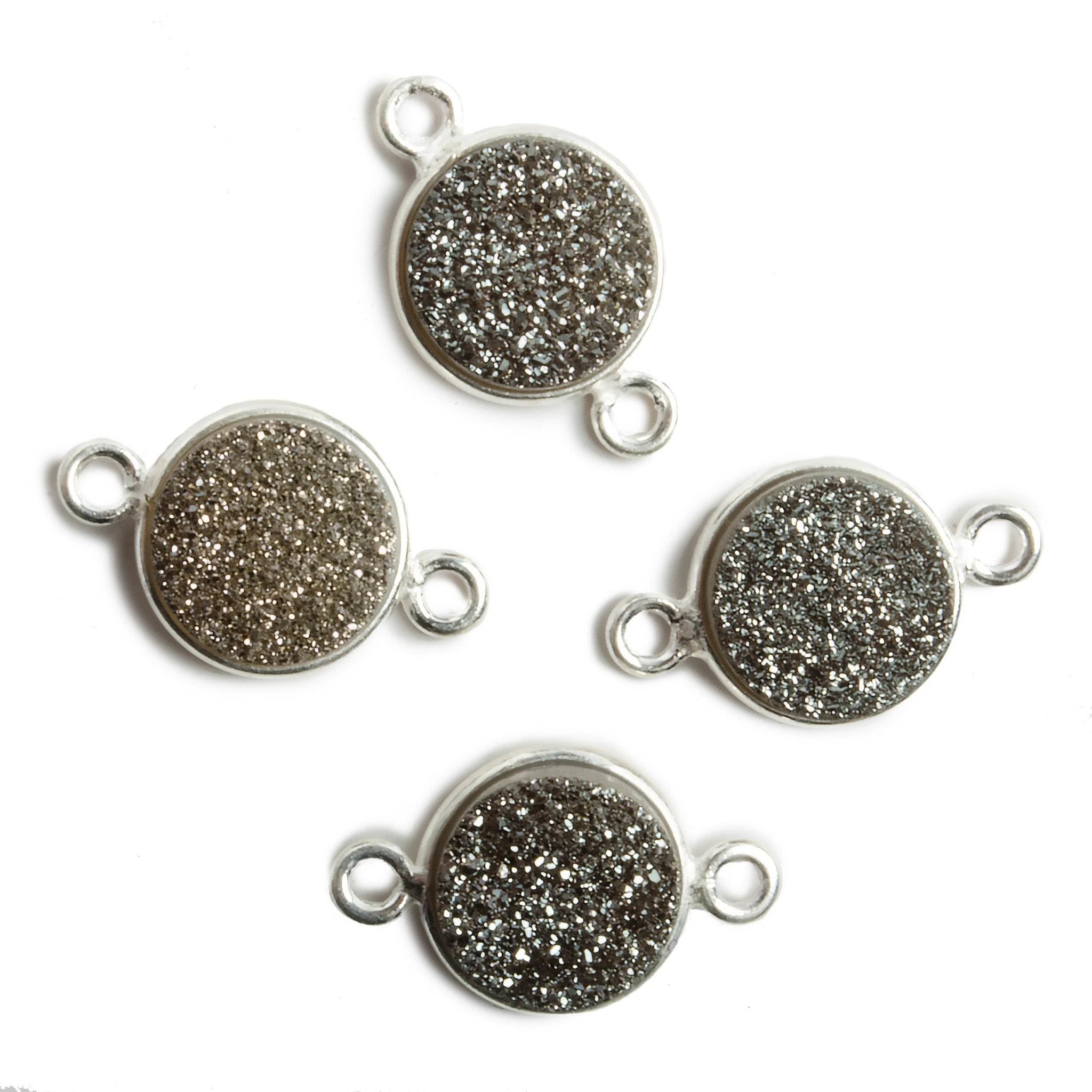 11mm Silver Bezel Metallic Platinum Drusy Coin 2 ring Connector 1 piece