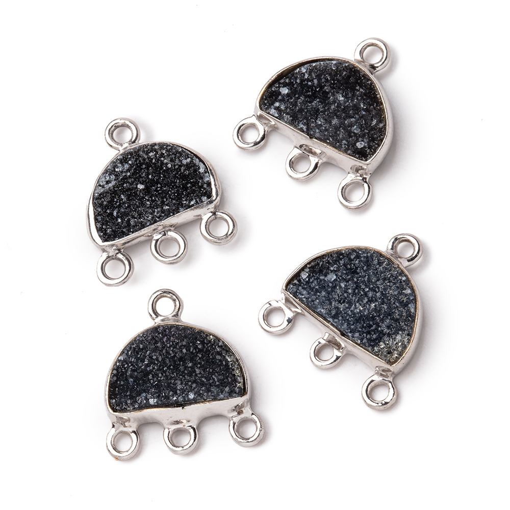 11x7mm .925 Silver Bezel Black Drusy Half Moon 3 ring Connector 1 piece