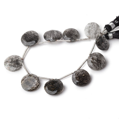 12-15mm Black Tourmalinated Quartz Faceted Coin Beads 6.5 inch 10 pieces