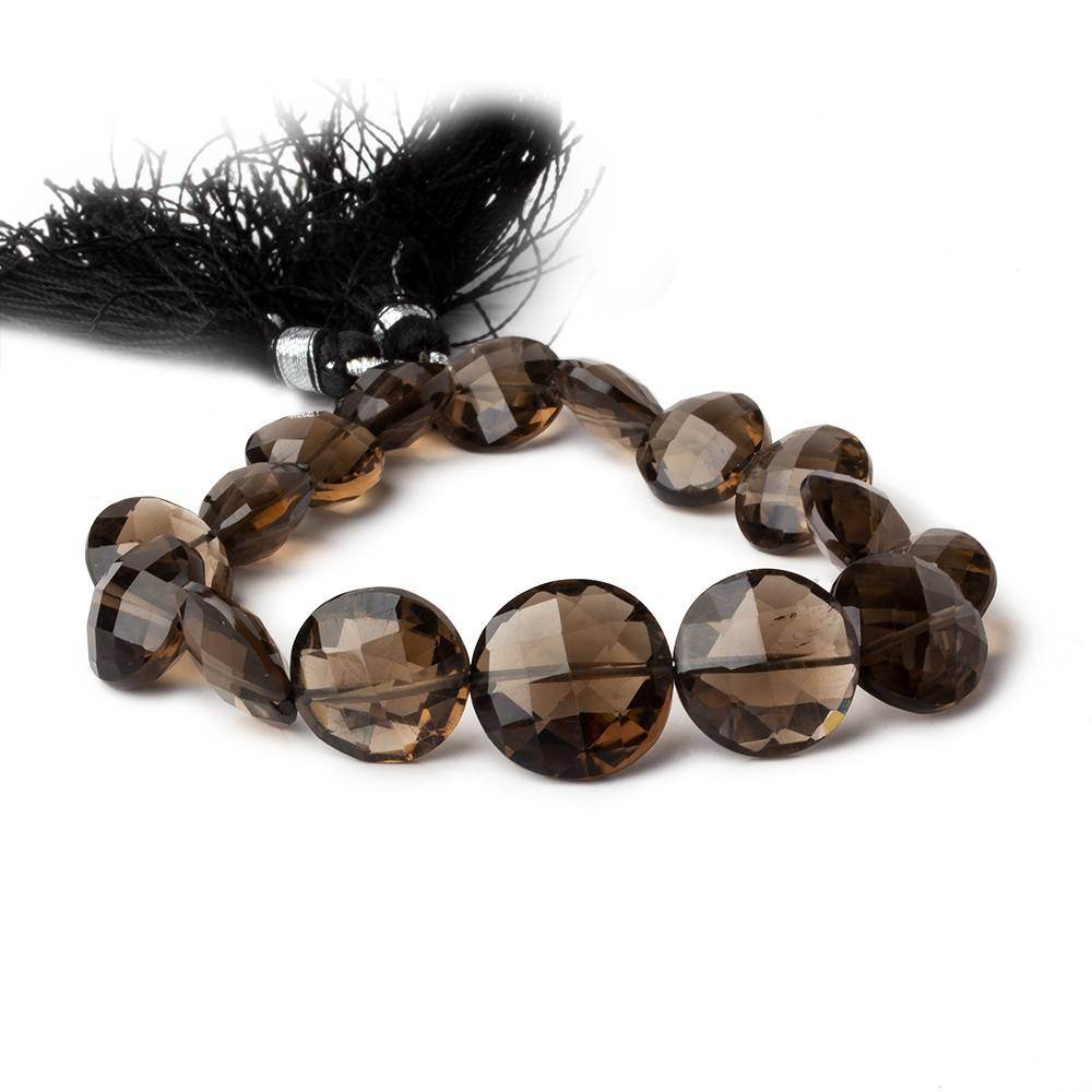 12.5-15.5mm Smoky Quartz Faceted Coin Beads 8 inch 16 pieces AAA