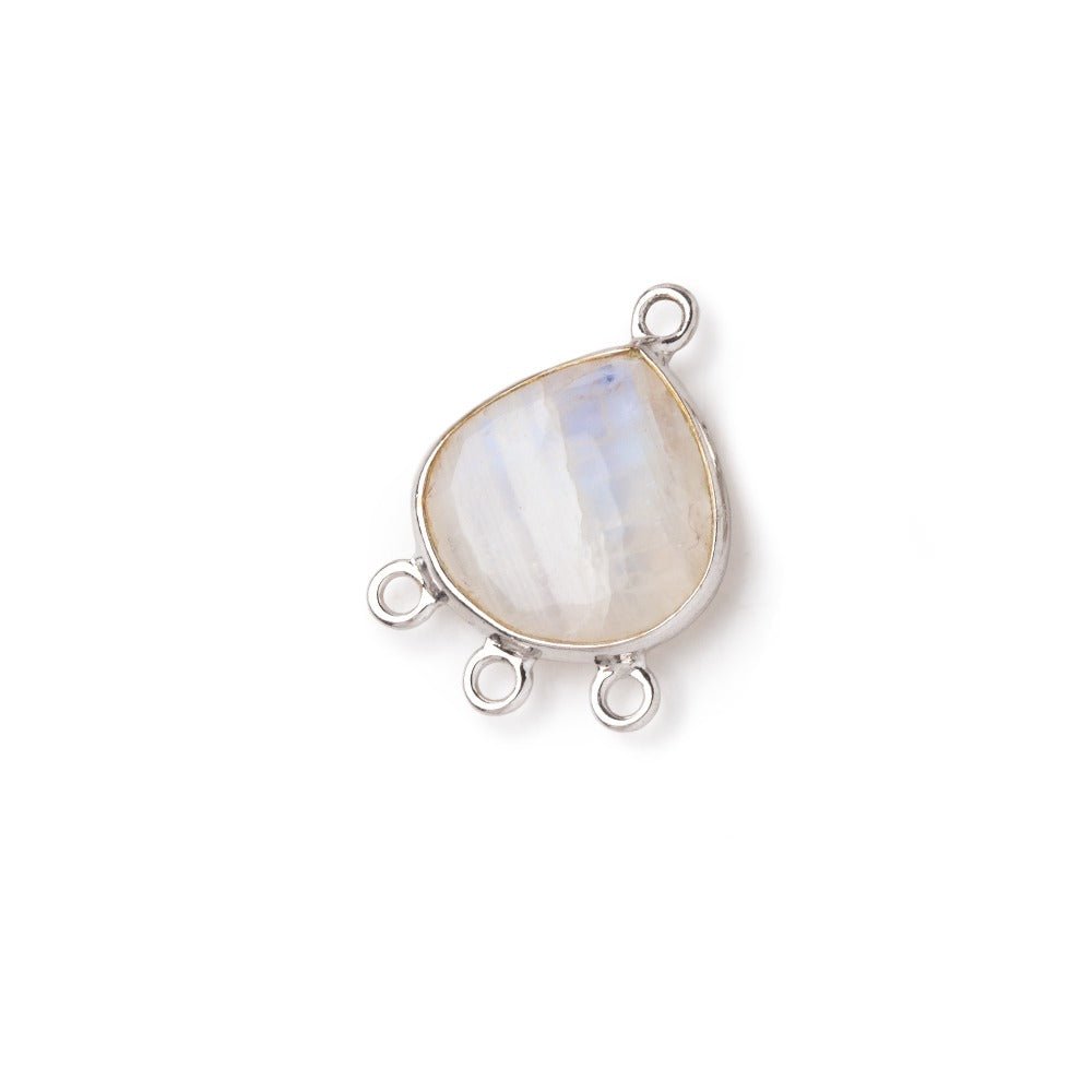 12mm .925 Silver Bezel Rainbow Moonstone faceted heart 3 ring Connector 1 piece