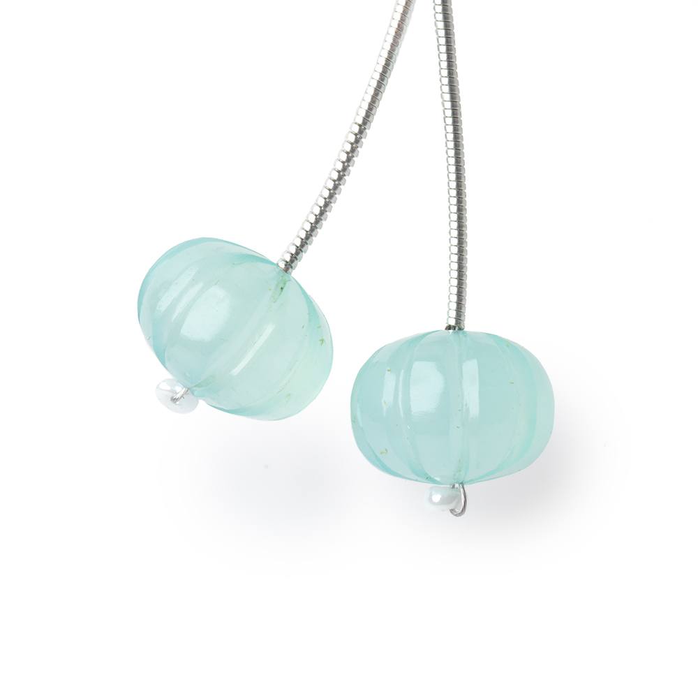 12mm Seafoam Blue Chalcedony Carved Melon Focals Set of 2 Beads