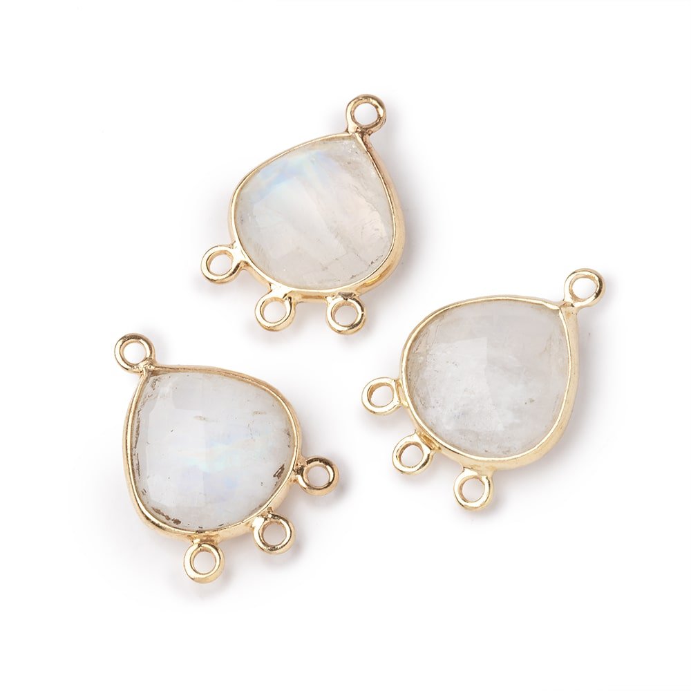 12mm Vermeil Bezel Rainbow Moonstone faceted heart 3 ring Connector 1 piece