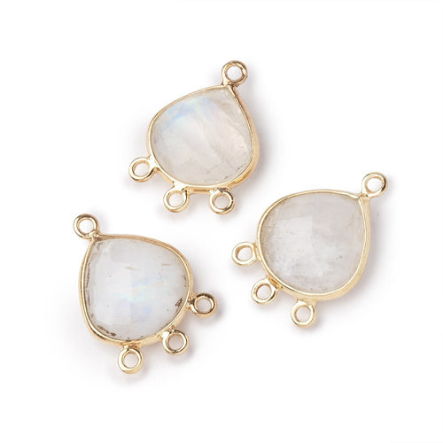 12mm Vermeil Bezel Rainbow Moonstone faceted heart 3 ring Connector 1 piece