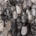 12x8-17x10mm Black Tourmalinated Quartz faceted nugget Black Gold plated Chain by the foot 14 bead per