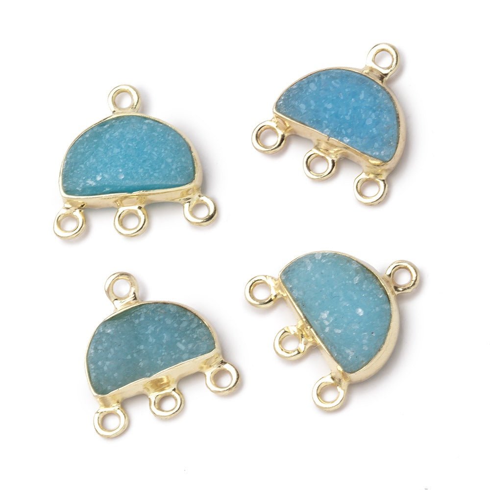 12x9mm Vermeil Santorini Blue Drusy Half Moon East West 3 ring Connector