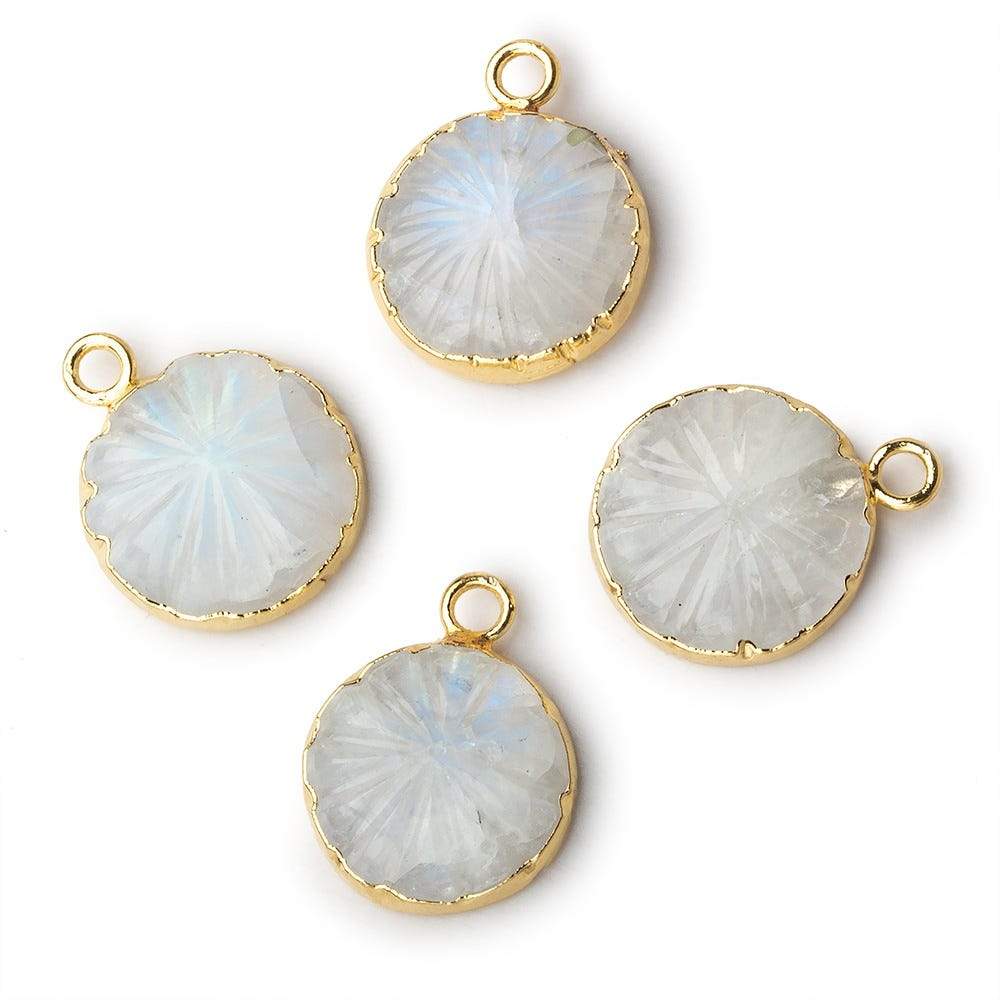 13mm 22kt Gold Leafed Rainbow Moonstone carved floral coin Pendant 1 focal bead