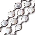 13mm White Coin Freshwater Pearls Black Gold .925 Bezeled Chain Lot of 3 Feet