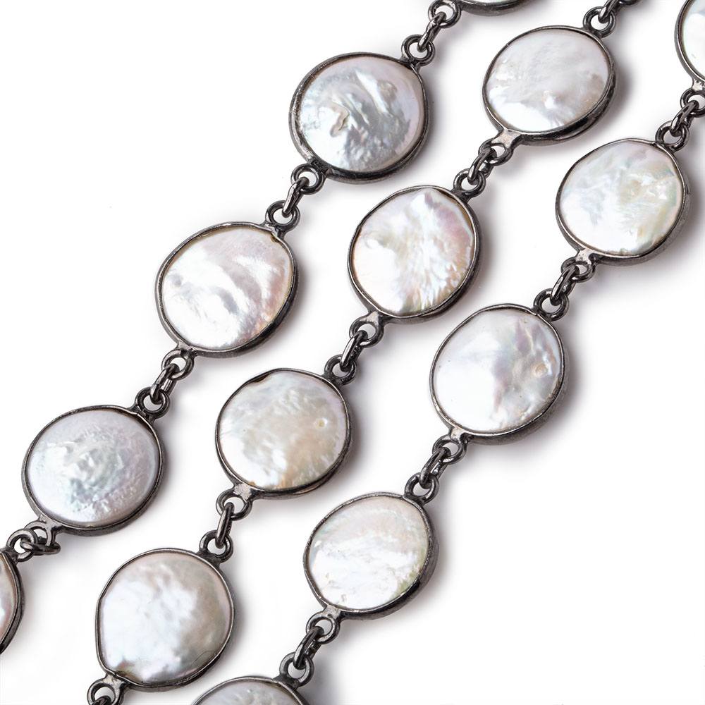 13mm White Coin Freshwater Pearls Black Gold .925 Bezeled Chain Lot of 3 Feet