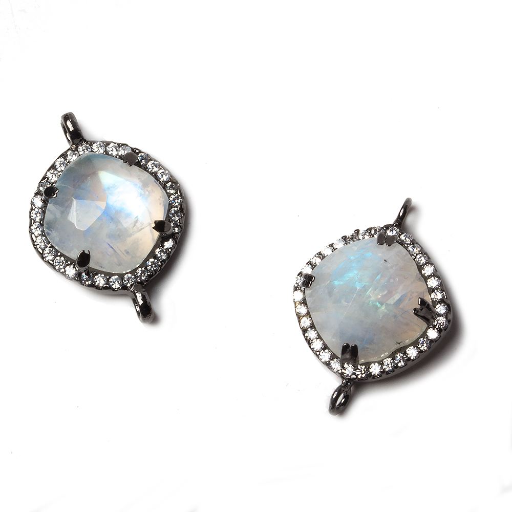 13x13mm Black Gold Bezeled White CZ and Rainbow Moonstone Pillow Connector 1 piece