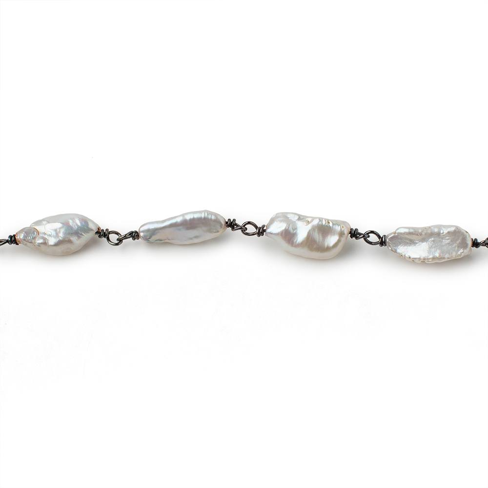 13x7mm Off White Biwa Pearls on Black Gold .925 Chain by the Foot 15 pieces