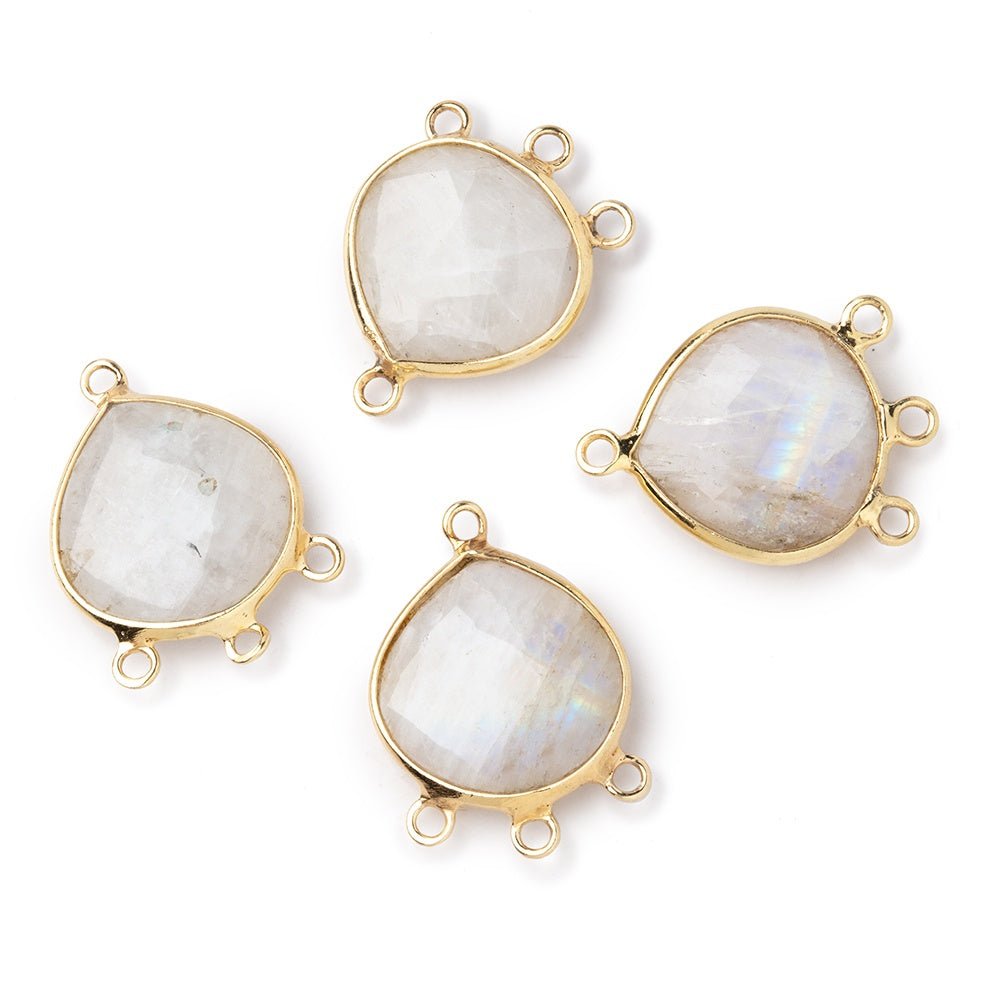 14mm Vermeil Bezel Rainbow Moonstone faceted heart 3 ring Connector 1 piece