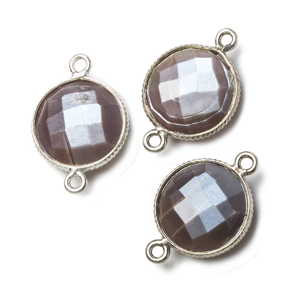 15mm Silver Corrugated Bezel Chocolate Moonstone coin 2 ring Connector 1 pc