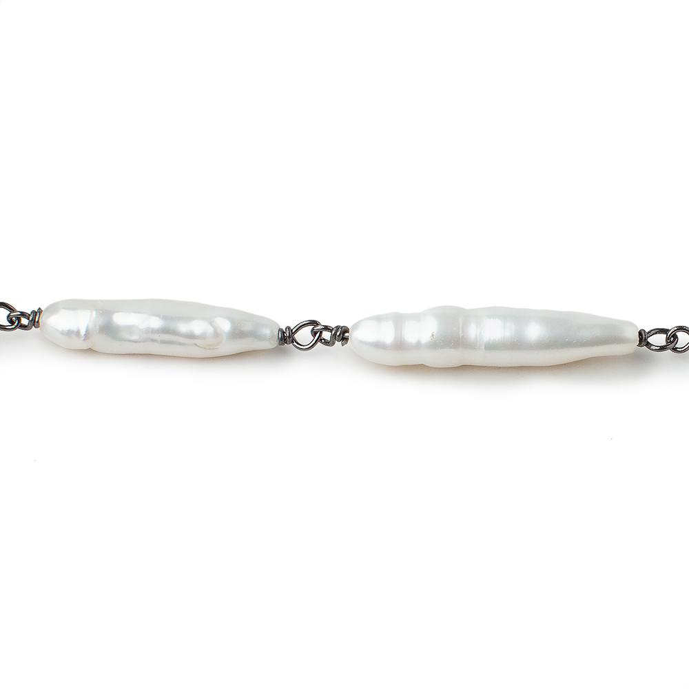 15x5-27x5mm White Biwa Pearls on Black Gold .925 Chain by the foot 10 pieces