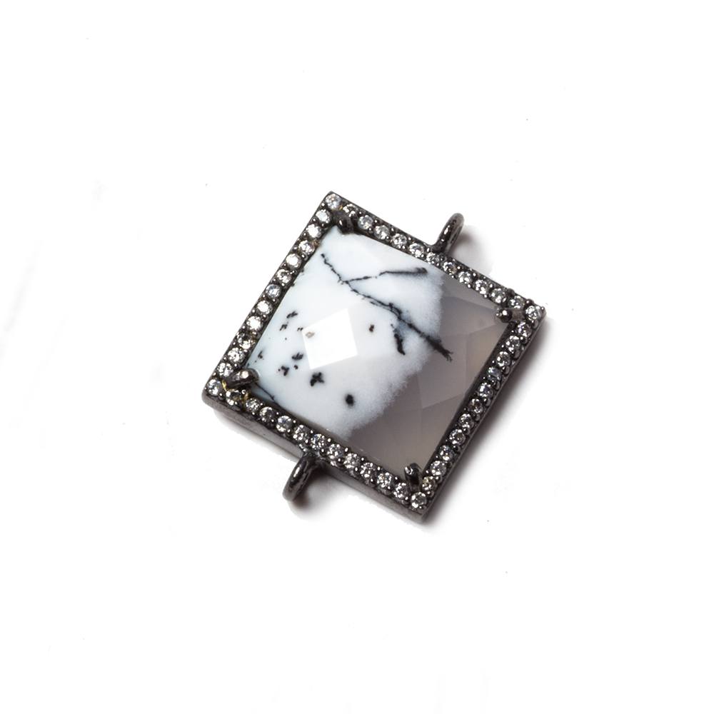 16x16mm Black Gold Bezeled White CZ & Dendritic Opal Square Connector 1 pc