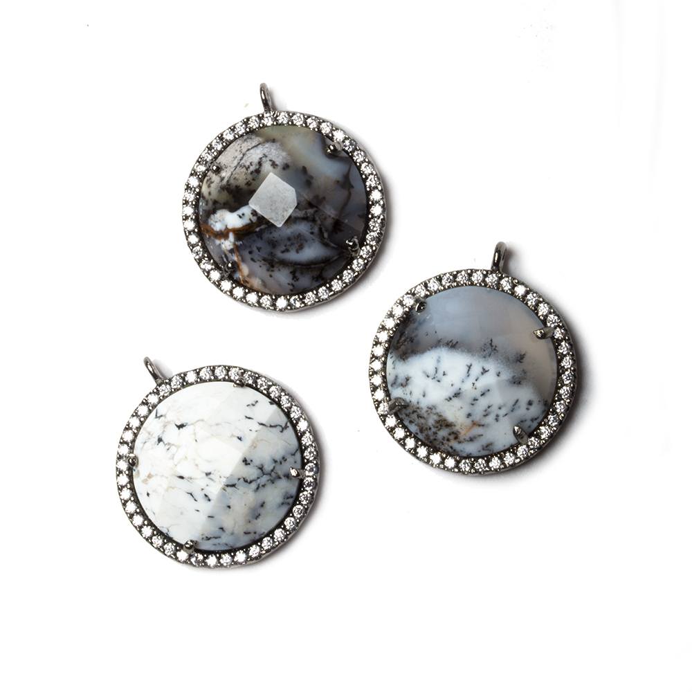 17mm Black Gold Bezeled White CZ & Dendritic Opal Coin Pendant 1 pc