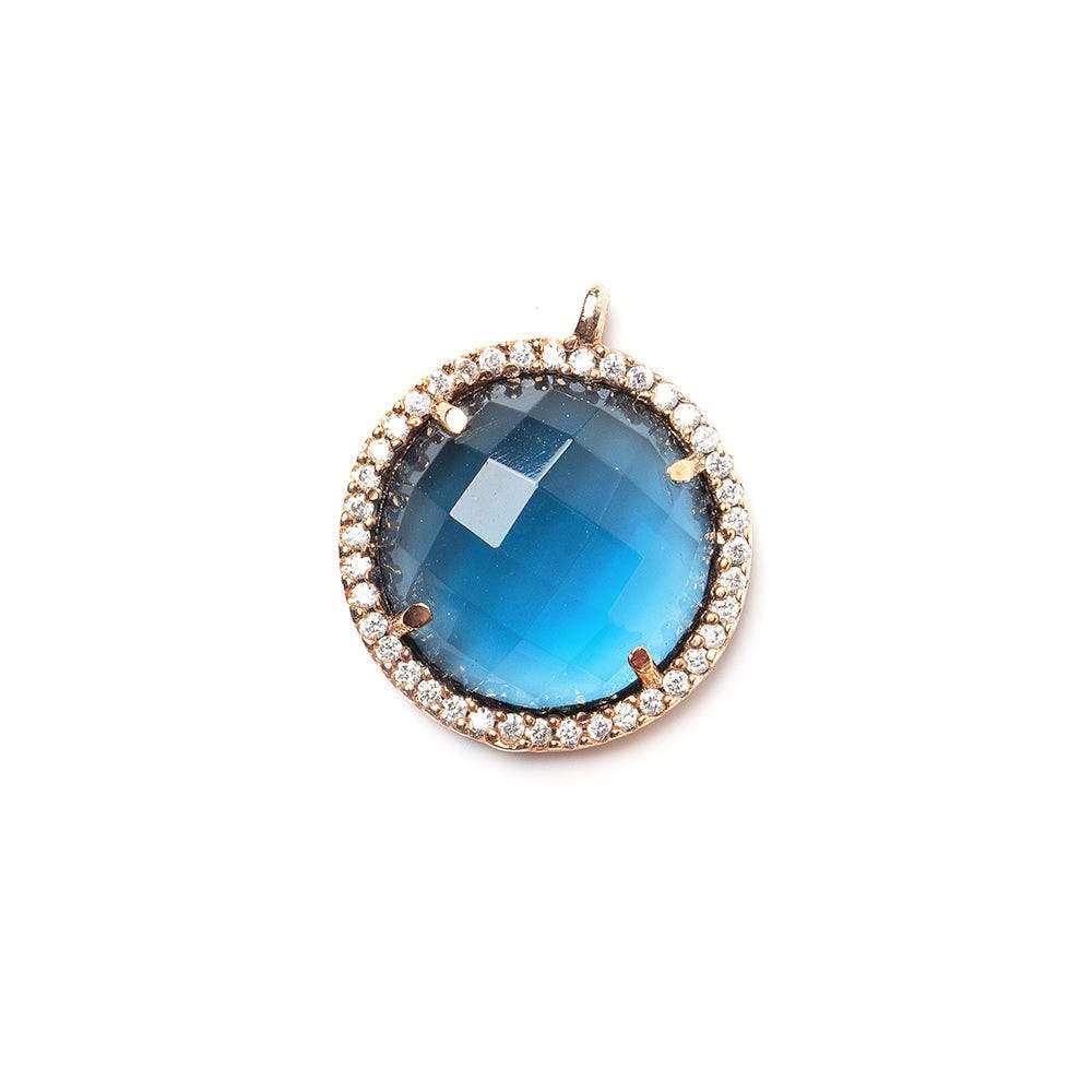 17mm Rose Gold CZ Bezel & London Blue Quartz faceted coin Pendant 1 piece