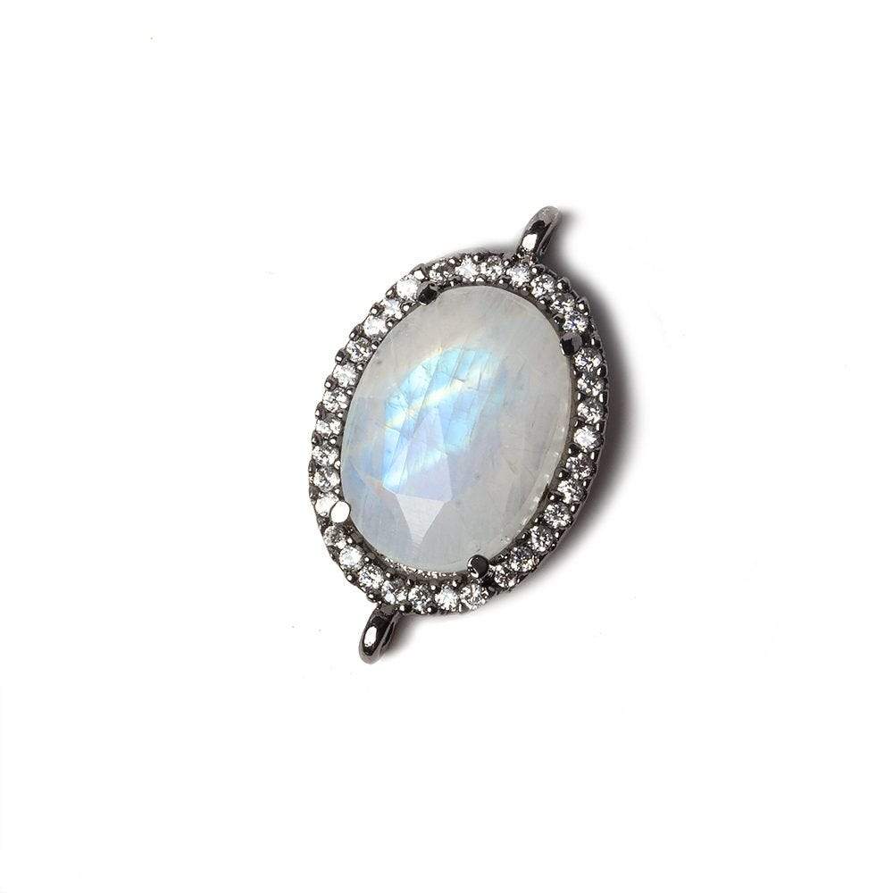17x13mm Black Gold Bezeled White CZ and Rainbow Moonstone Oval Connector 1 piece