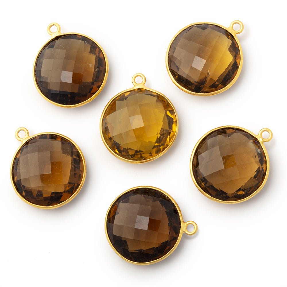 19mm Vermeil Bezel Whiskey Quartz Faceted Coin Pendant 1 piece