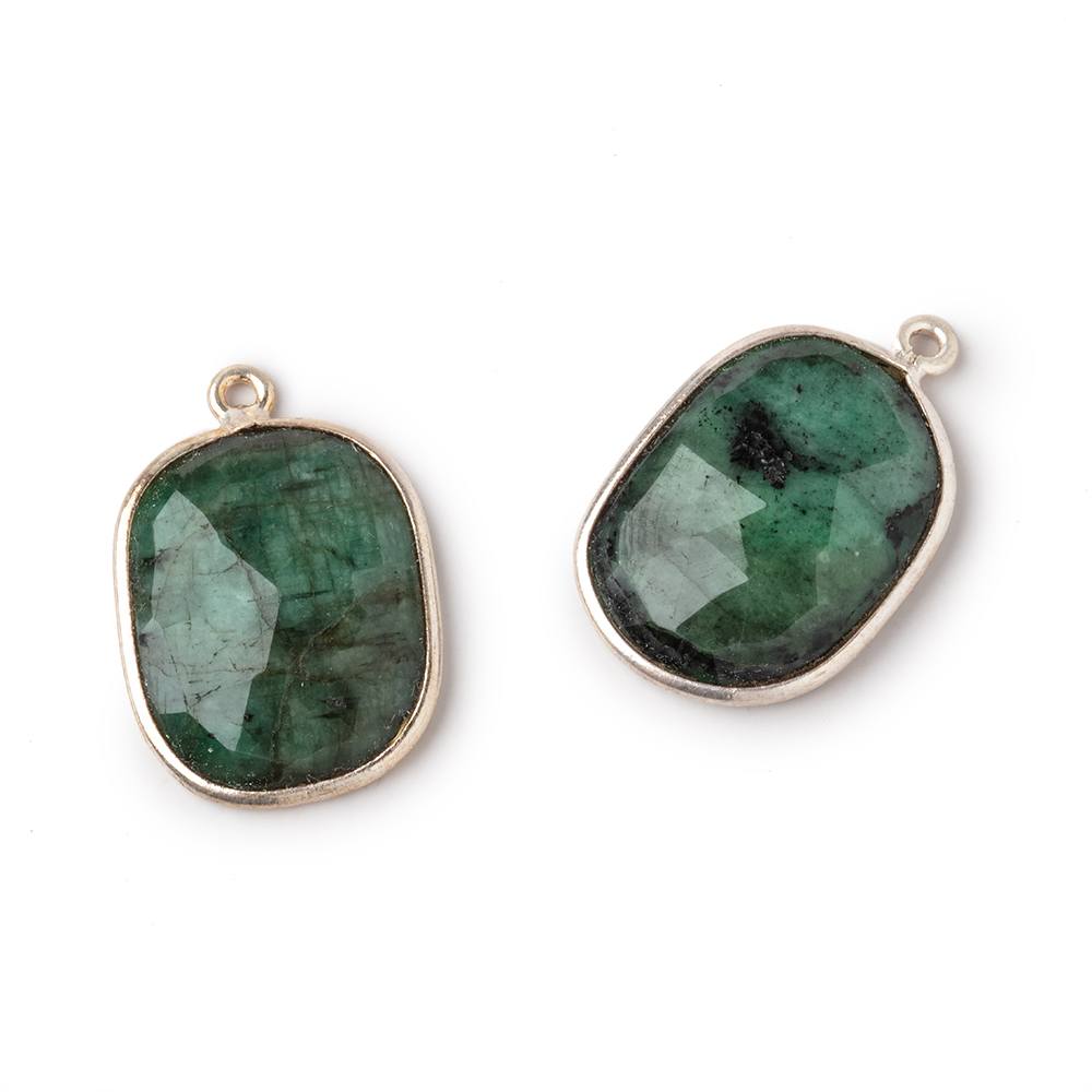 20x16mm .925 Silver Bezel Emerald Faceted Freeform Set of 2 Pendants