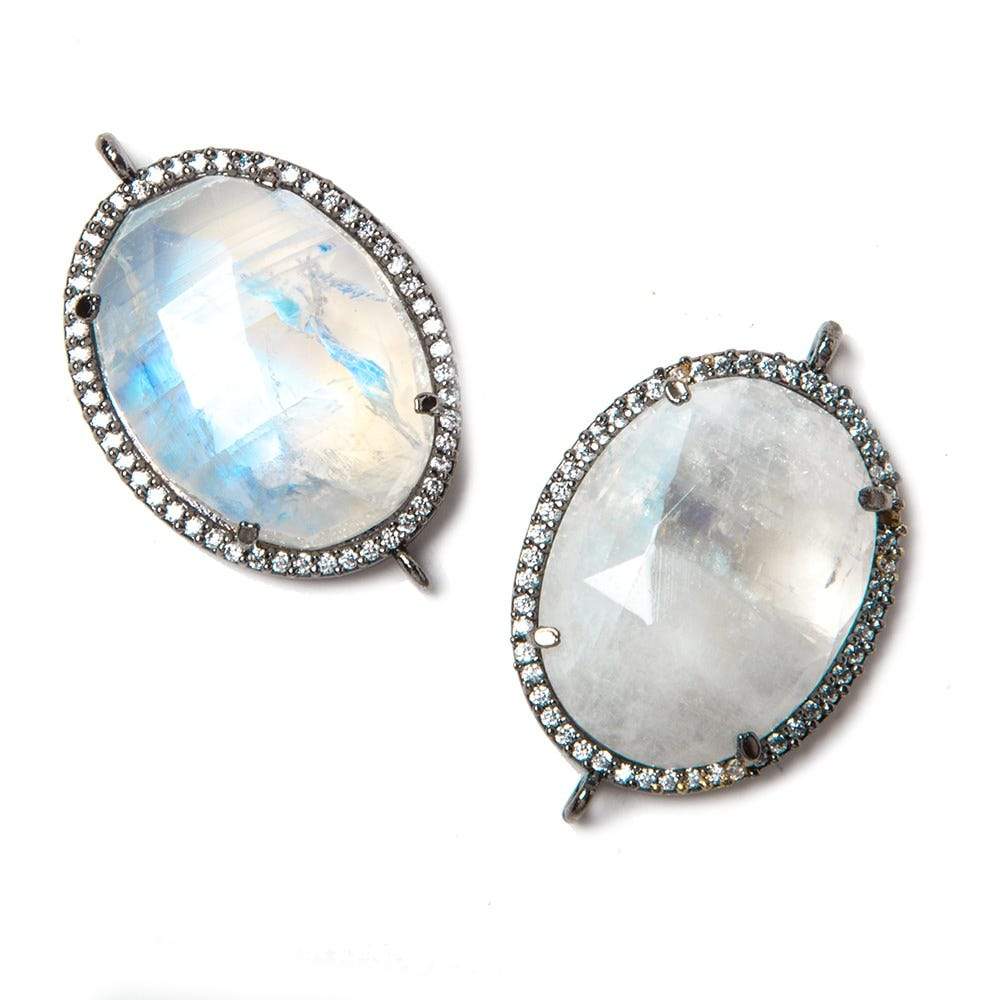 22x18mm Black Gold Bezeled White CZ & Rainbow Moonstone Oval Connector 1 pc