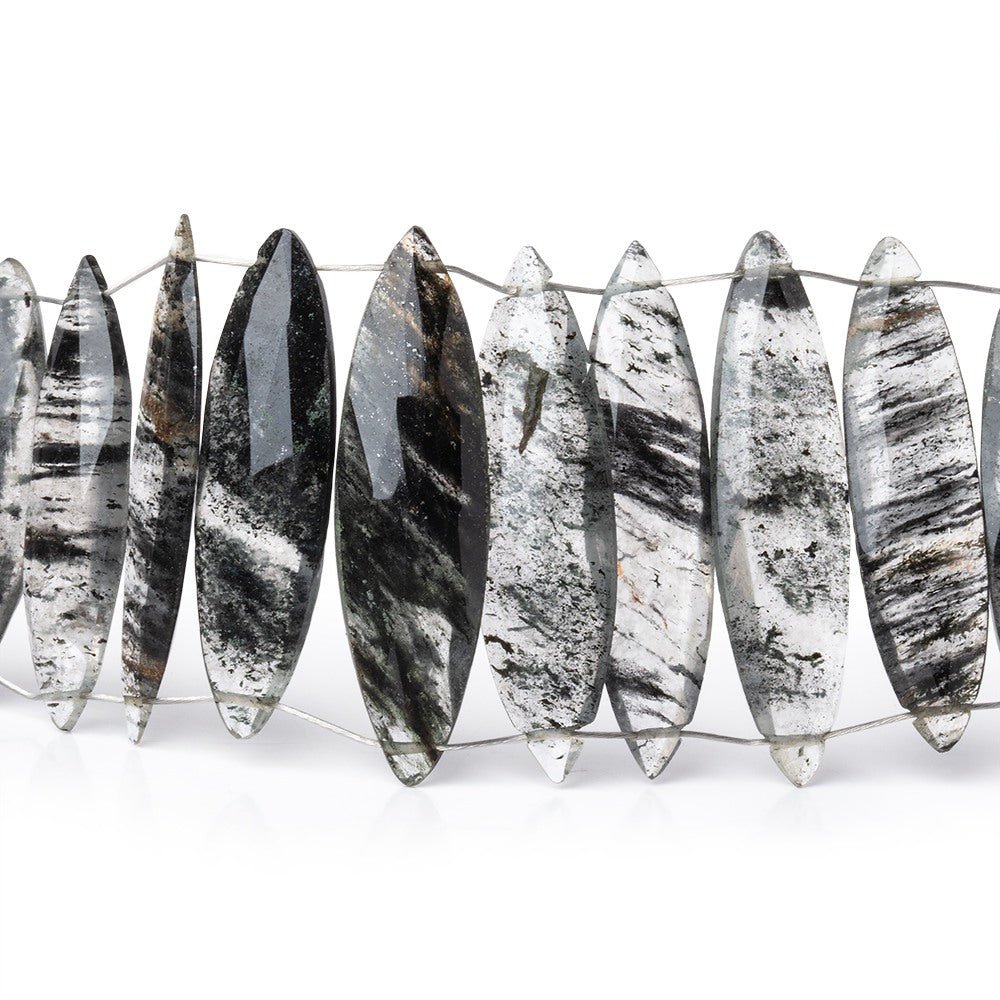 23x6-30x7mm Black Moss Quartz Double Drill Marquise Beads 7.5 inch 29 pieces