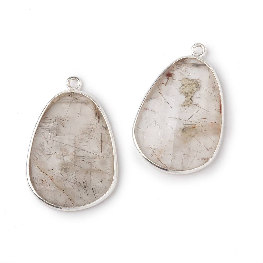 25x18mm .925 Silver Bezel Rutilated Quartz Faceted Freeform Set of 2 Pendants