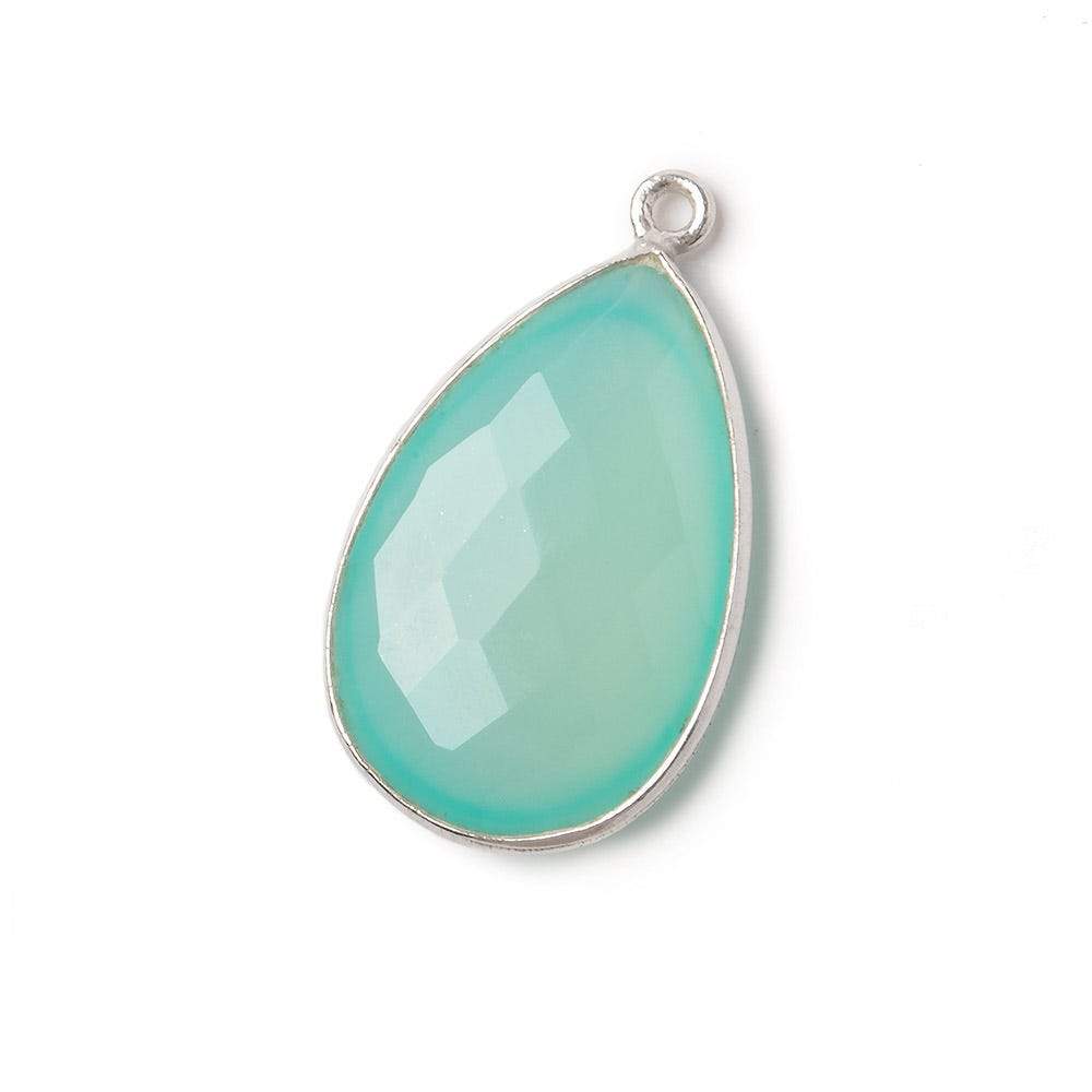 26x17mm Silver .925 Bezeled Seaglass Chalcedony faceted Pear Pendant 1 piece