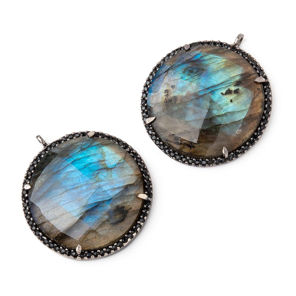 28mm Black Gold & Black CZ Bezel Labradorite Coin Pendant 1 Focal Bead