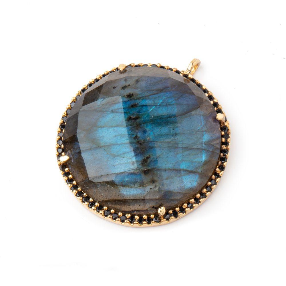 28mm Vermeil & Black CZ Bezel Labradorite Coin Pendant Focal Bead 1 piece