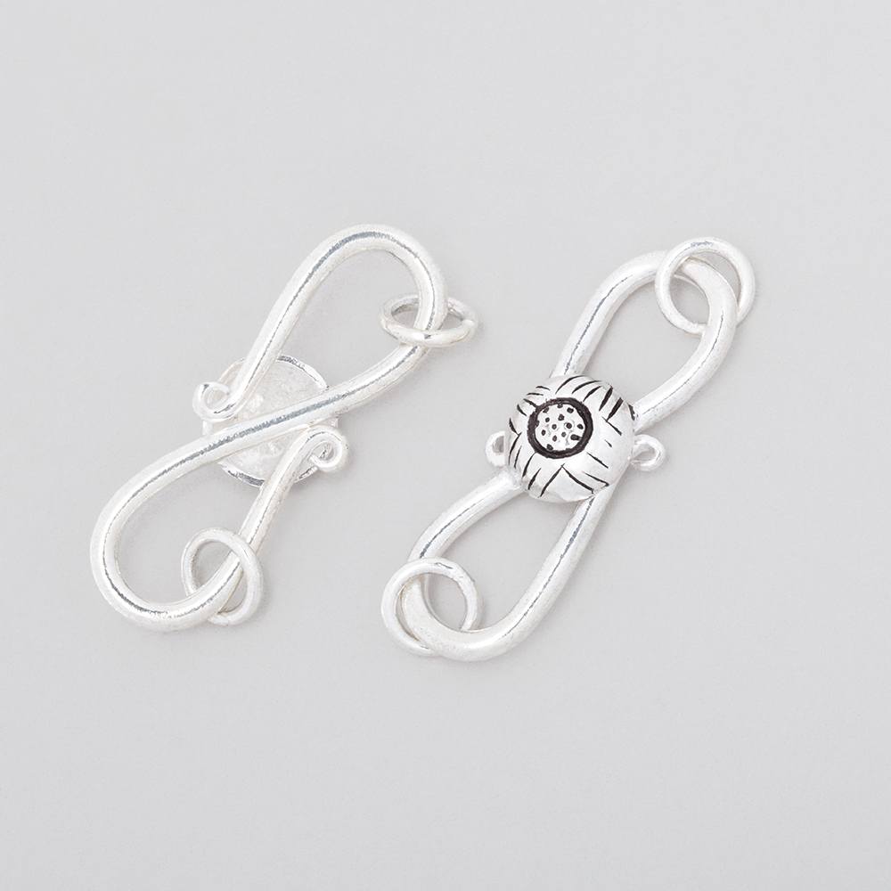 29x10mm Antiqued Sterling Silver S Hook with Floral Button 1 piece