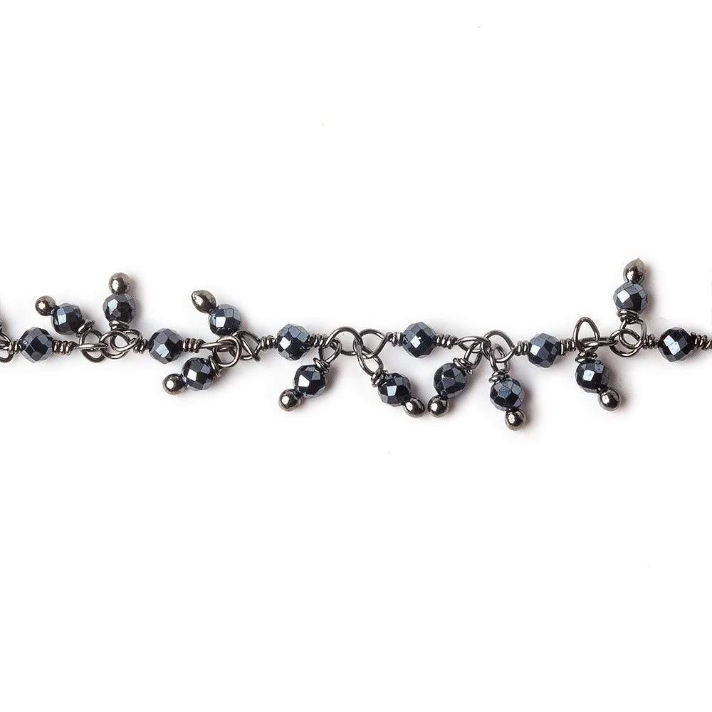 2mm Metallic Black Spinel micro faceted round Black Gold plated Dangling Chain by the foot