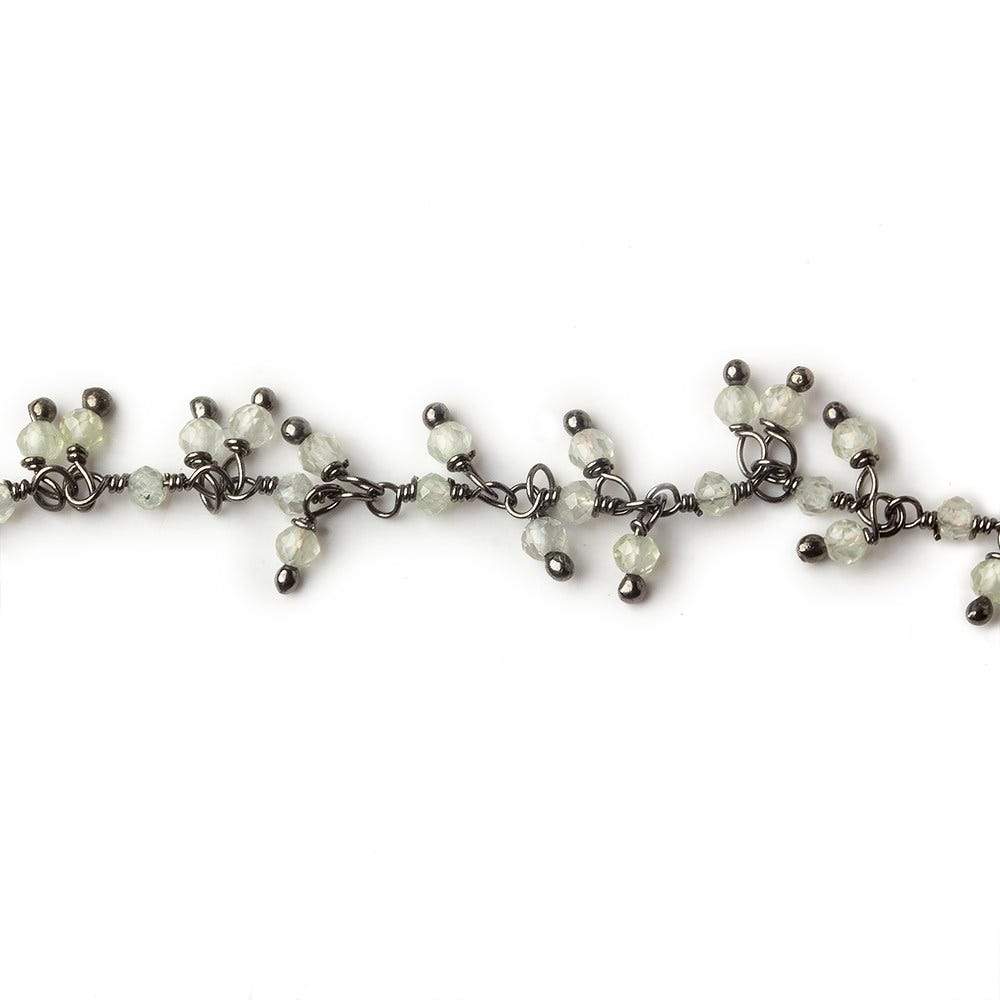 2mm Prehnite micro faceted round Black Gold plated Dangling Chain by the foot