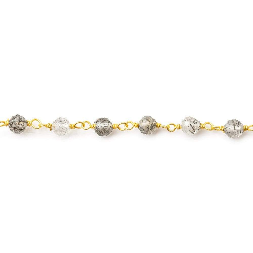 3-4mm Black Tourmalinated Quartz faceted round Vermeil Chain by the foot