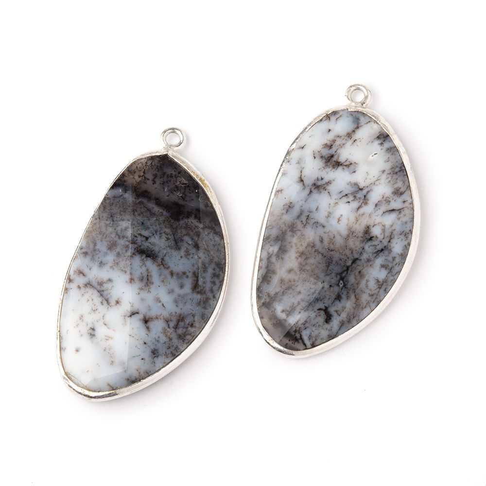 32x19mm .925 Silver Bezel Dendritic Opal Faceted Freeform Set of 2 Pendants