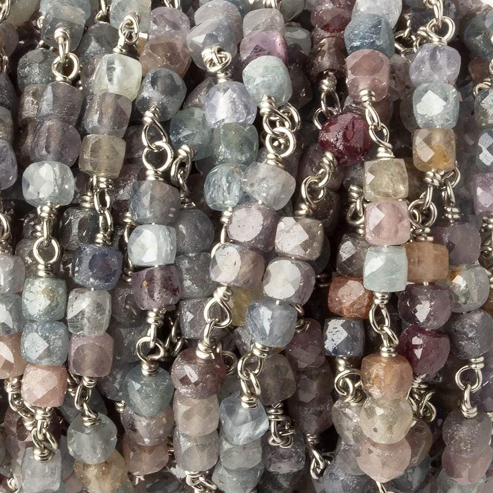 3.5mm Multi Color Umba Sapphire faceted cube Silver .925 Chain by the foot