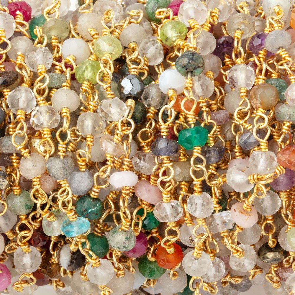 3.5mm Multi Gemstone Faceted Rondelles on Gold Plated Chain