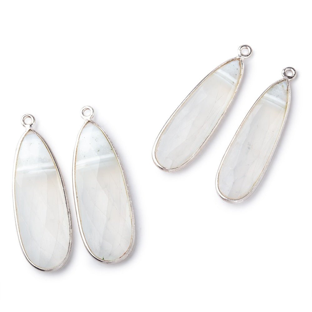 35x14mm .925 Silver Bezel Banded White Agate Faceted Pear Set of 2 Pendants