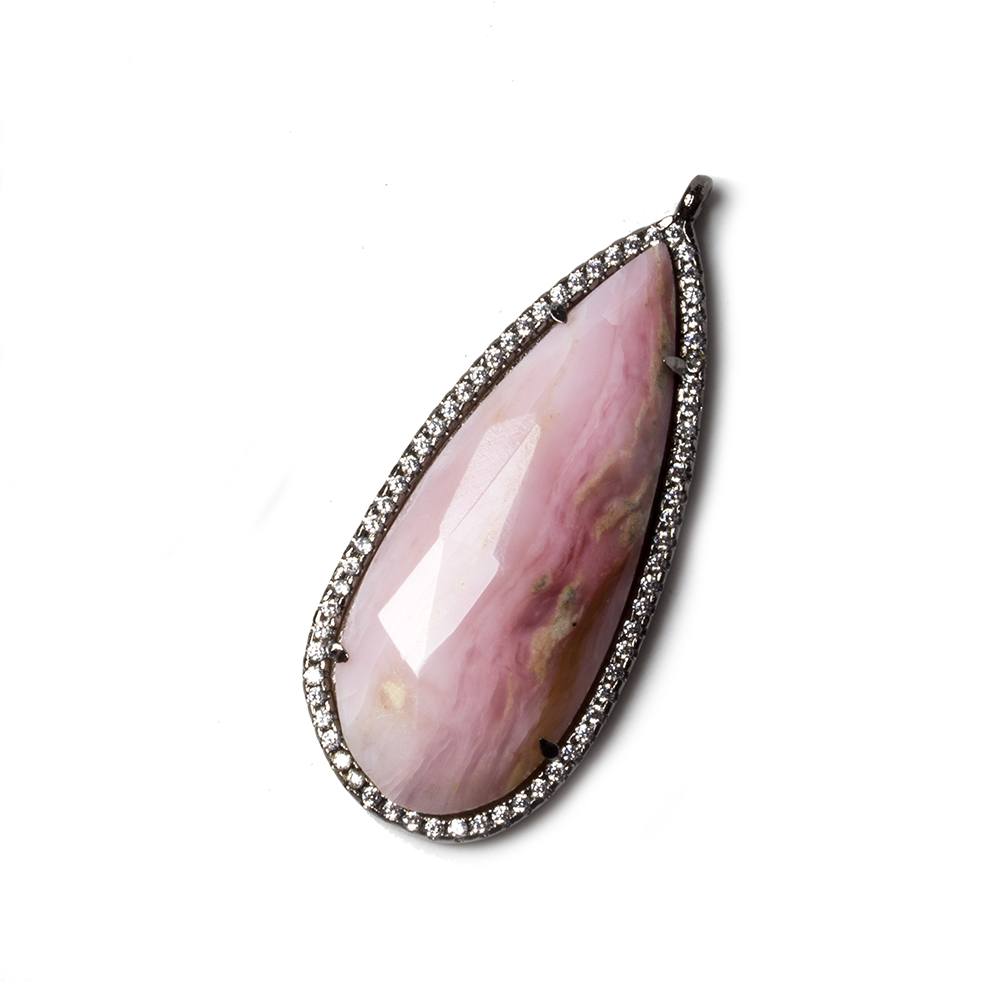 39x17mm Black Gold Bezeled White CZ & Pink Peru Opal Pear Pendant 1 pc