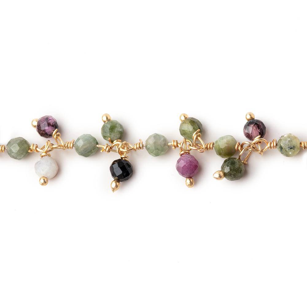 3mm Multi Color Tourmaline micro-faceted round Gold Dangling Chain by the foot