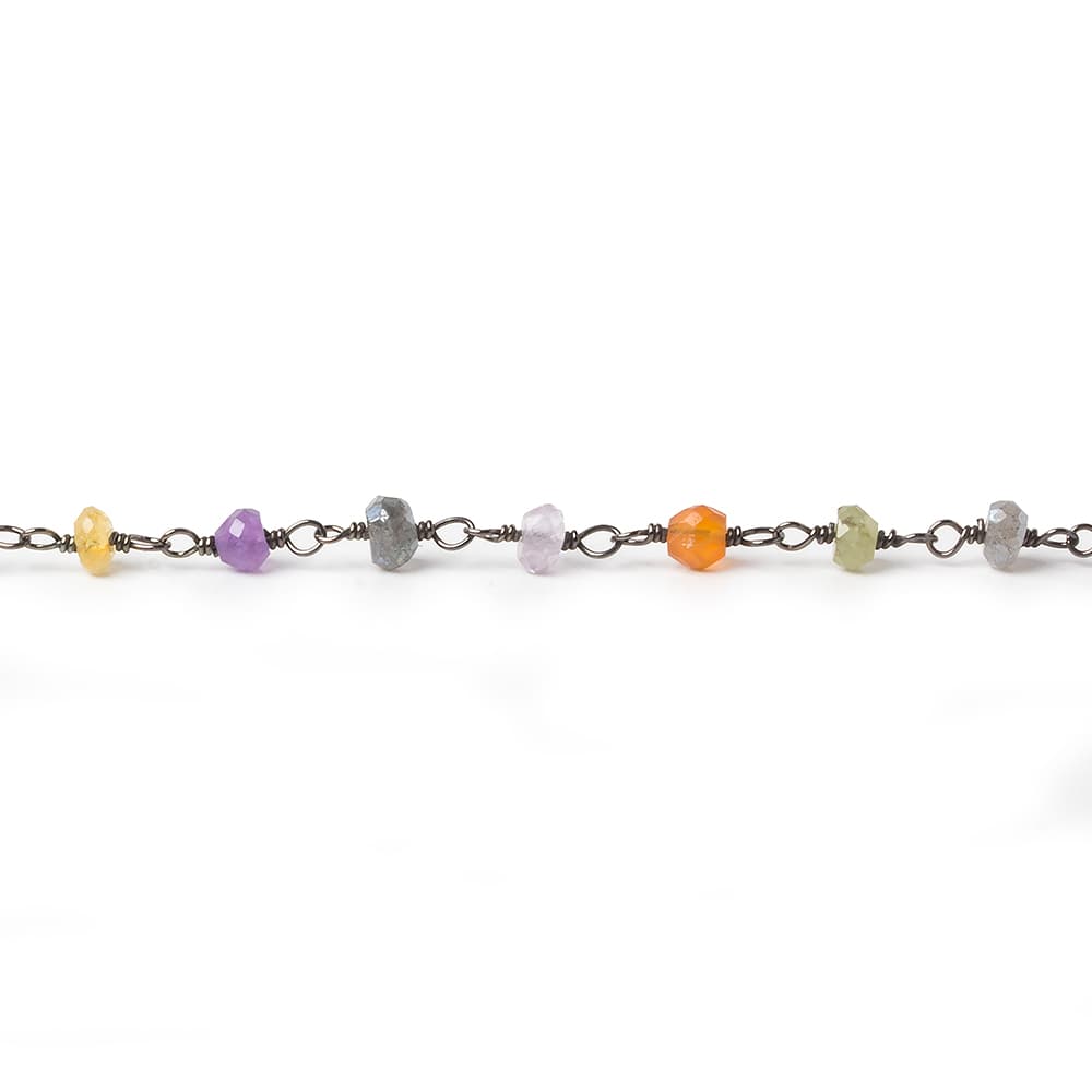 3mm Multi Gemstone rondelle Black Gold plated Silver .925 Chain by the foot 45 pcs