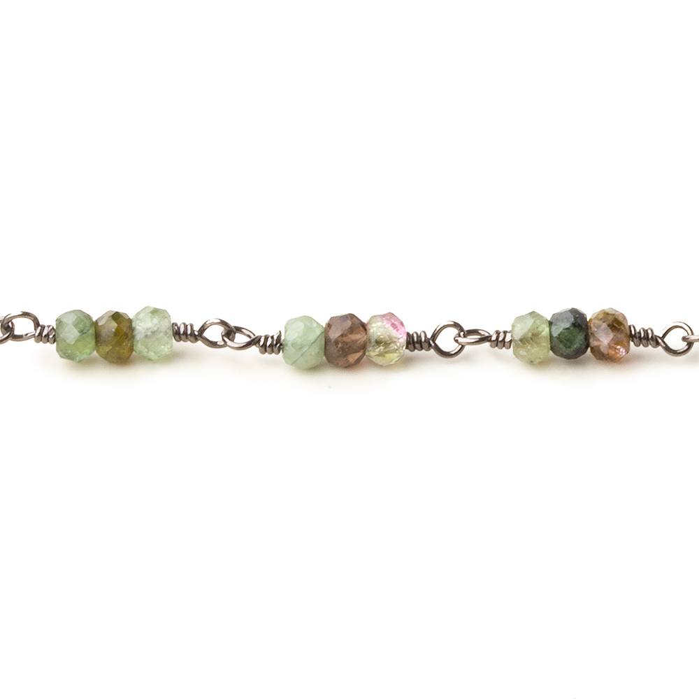 3mm Multi Tourmaline micro faceted round Trio Black Gold Chain by the foot 73 beads per