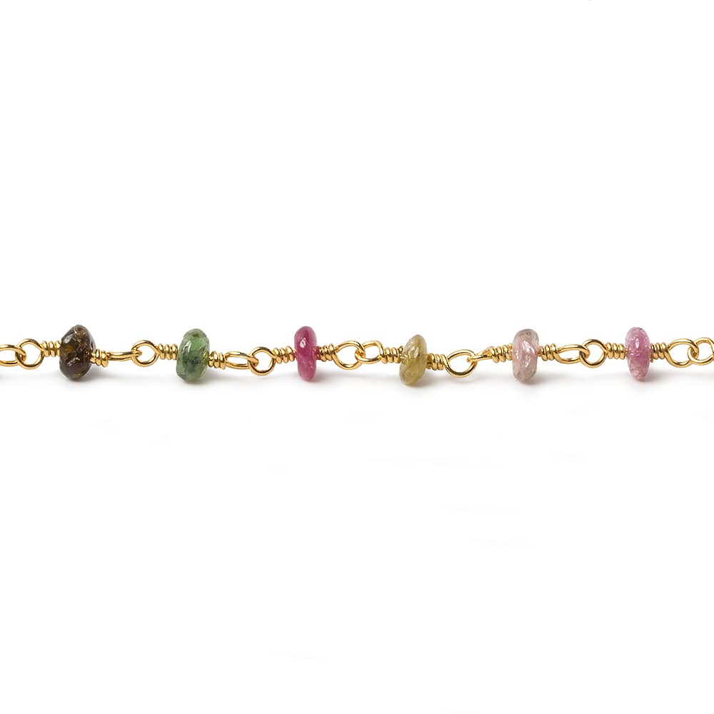 3mm Multi Tourmaline plain rondelle Gold plated Chain by the foot 30 pcs