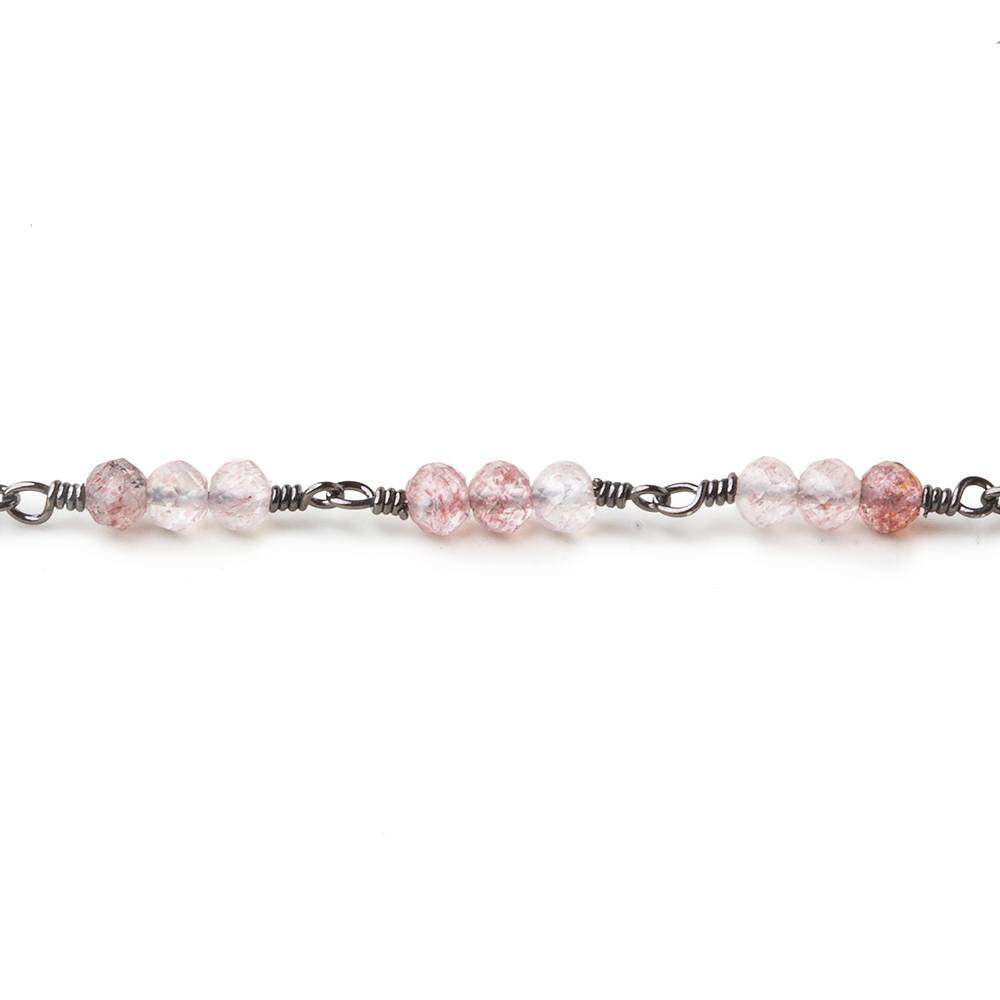 3mm Strawberry Quartz micro faceted round Trio Black Gold Chain by the foot 73 beads per