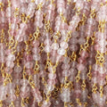 3mm Strawberry Quartz micro faceted round Trio Gold Chain by the foot 73 beads per