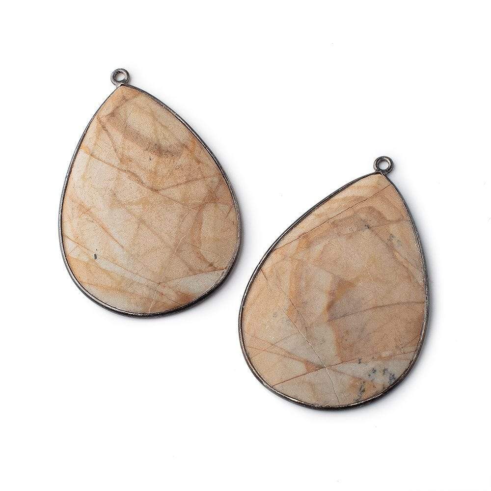 41.5x29mm Black Gold Bezeled Matte Picture Jasper Pear Set of 2 Pendants